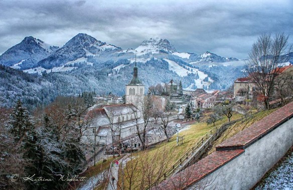 Overlooking Gruyères church from the east castle ramparts